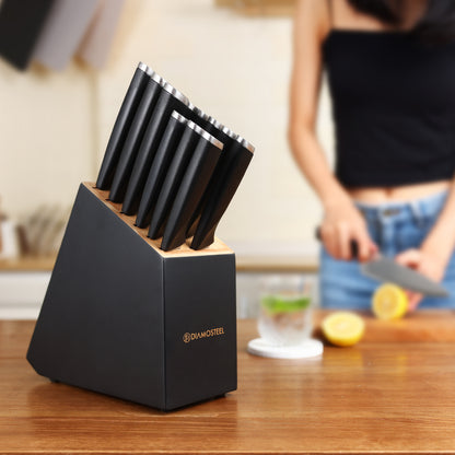 Diamosteel 13 Piece Kitchen Knife Set with Block Wooden, Knife Set for Kitchen with Built in Sharpener Scissors, Stainless Steel Knife Set Gift for Mom Dad (Black)