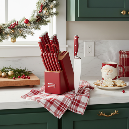 Diamosteel 15 Pcs Kitchen Knife Set with Block Wooden, Knives Set for Kitchen with Block Built in Sharpener Scissors, Chef Knife Set Gift for Mom Dad (Red)