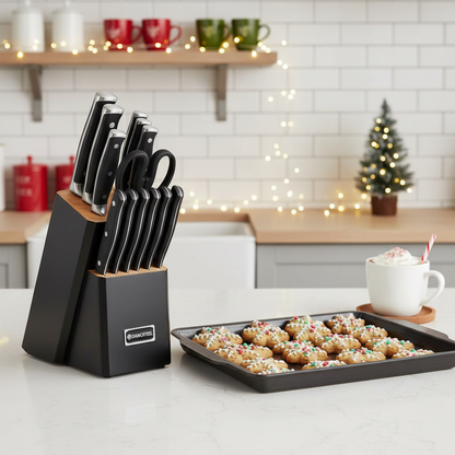 Diamosteel 15 Pcs Kitchen Knife Set with Block Wooden, Knives Set for Kitchen with Block Built in Sharpener Scissors, Chef Knife Set Gift for Mom Dad (Black)