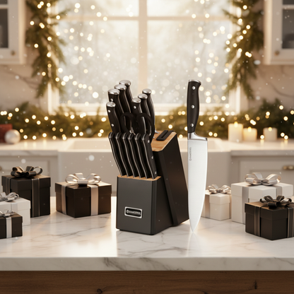 Diamosteel 15 Pcs Kitchen Knife Set with Block Wooden, Knives Set for Kitchen with Block Built in Sharpener Scissors, Chef Knife Set Gift for Mom Dad (Black)