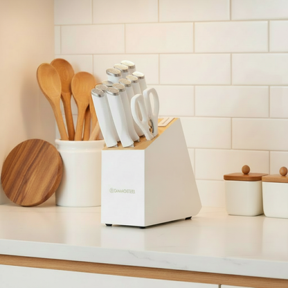 Diamosteel 13 Piece Kitchen Knife Set with Block Wooden, Knife Set for Kitchen with Built in Sharpener Scissors, Stainless Steel Knife Set Gift for Mom Dad (White)