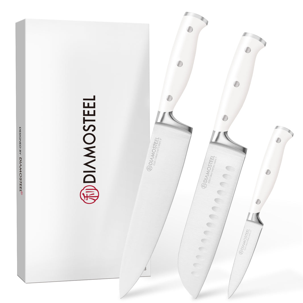 Diamosteel White Knife Set, 3-Piece Kitchen Knife Set with Chef & Santoku & Paring Knife , High Carbon Stainless Steel Knives Set for Kitchen with Ergonomic ABS Handles for Home Cooking Elegant Box