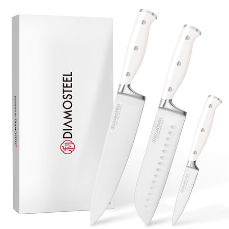 Diamosteel White Knife Set, 3-Piece Kitchen Knife Set with Chef & Santoku & Paring Knife , High Carbon Stainless Steel Knives Set for Kitchen with Ergonomic ABS Handles for Home Cooking Elegant Box
