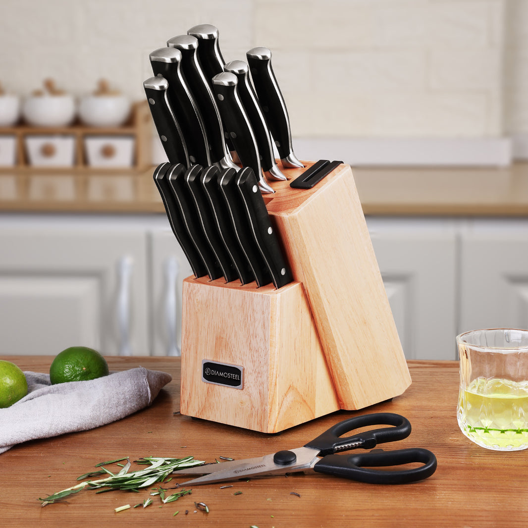 Diamosteel 15 Pcs Kitchen Knife Set with Block Wooden, Knives Set for Kitchen with Block Built in Sharpener Scissors, Chef Knife Set Gift for Mom Dad (Natural)
