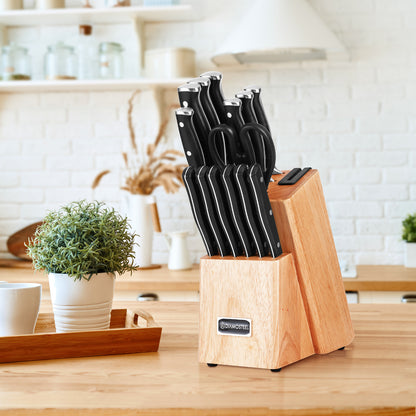 Diamosteel 15 Pcs Kitchen Knife Set with Block Wooden, Knives Set for Kitchen with Block Built in Sharpener Scissors, Chef Knife Set Gift for Mom Dad (Natural)