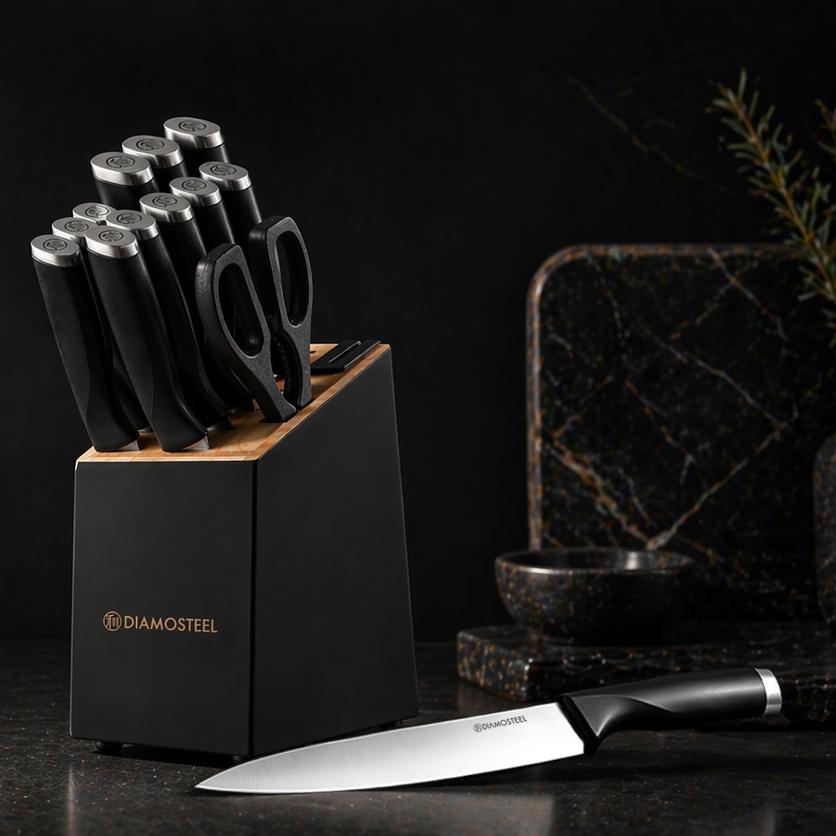Diamosteel 13 Piece Kitchen Knife Set with Block Wooden, Knife Set for Kitchen with Built in Sharpener Scissors, Stainless Steel Knife Set Gift for Mom Dad (Black)