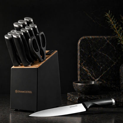 Diamosteel 13 Piece Kitchen Knife Set with Block Wooden, Knife Set for Kitchen with Built in Sharpener Scissors, Stainless Steel Knife Set Gift for Mom Dad (Black)