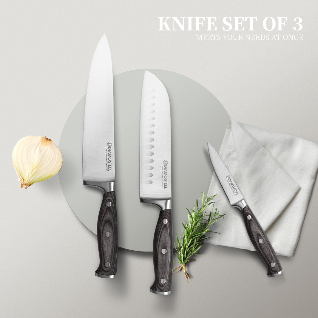 Diamosteel Kitchen Knife Set 3PCS Professional Chef Knife Set High Carbon Stainless Steel, Cooking Knife Set with Ergonomic Pakkawood Handle Gifts for Chef
