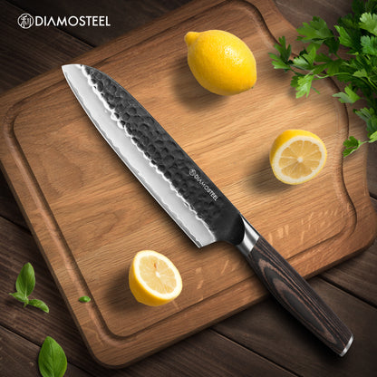 Santoku Knife - 7-Inch Professional Kitchen Knife - Hammered Black Oxide Blade Japanese 9CR18MOV High Carbon Stainless Steel Sharp Chef Knife - Ergonomic Pakkawood Handle with Present Box