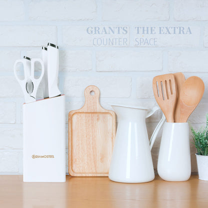 White Knife Set with Block, 7 Pieces Sharp Knife Block Set with Stainless Steel Blade and Ergonomic Handle, Chef, Slicing, Bread, Utility, Paring Knife, Kitchen Scissors and Wooden Block