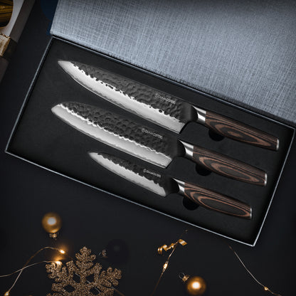 Japanese Knife Set, 3 Pieces Knives Set for Kitchen 9CR18MOV High Carbon Stainless Steel, Hammered Black Oxide Blade & Pakkawood Handle, Professional Chef Knife Set Elegant Gift for Chefs
