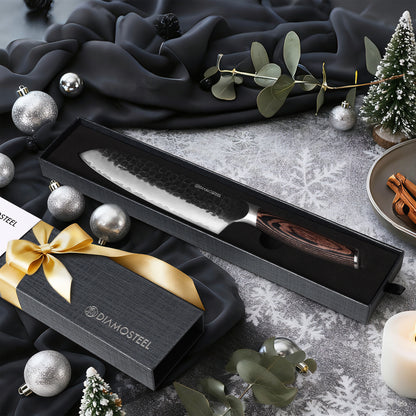 Santoku Knife - 7-Inch Professional Kitchen Knife - Hammered Black Oxide Blade Japanese 9CR18MOV High Carbon Stainless Steel Sharp Chef Knife - Ergonomic Pakkawood Handle with Present Box