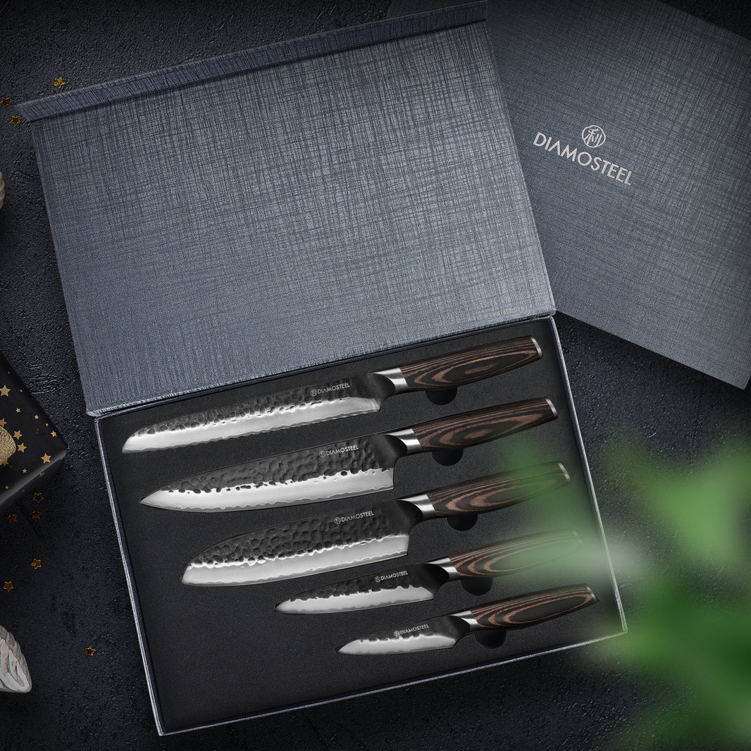 Japanese Knife Set - 5 Pieces Knives Set for Kitchen High Carbon 9CR18MOV Steel, Hammered Black Oxide Blade & Pakkawood Handle - Profession Chef Knife Set Elegant Holiday Gift for Chefs
