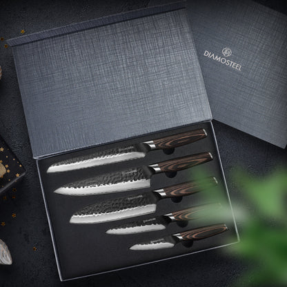 Japanese Knife Set - 5 Pieces Knives Set for Kitchen High Carbon 9CR18MOV Steel, Hammered Black Oxide Blade & Pakkawood Handle - Profession Chef Knife Set Elegant Holiday Gift for Chefs
