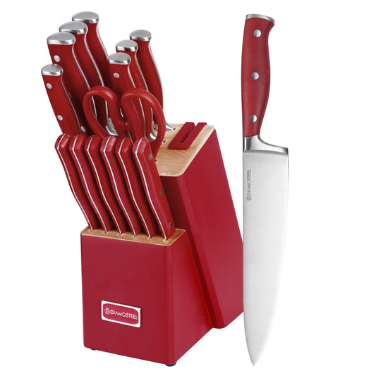 diamosteel 15 Pcs Kitchen Knife Set with Block Wooden, Knives Set for Kitchen with Block Built in Sharpener Scissors, Chef Knife Set Gift for Mom Dad (Red)