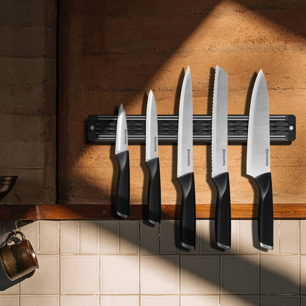 Diamosteel Kitchen Knife Set, 6PCS Knives Set for Kitchen with Knife Magnetic Strip, High Carbon Stainless Steel Chef Knife Set with Magnetic Knife Holder for Wall - Black