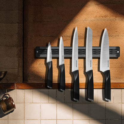 Diamosteel Kitchen Knife Set, 6PCS Knives Set for Kitchen with Knife Magnetic Strip, High Carbon Stainless Steel Chef Knife Set with Magnetic Knife Holder for Wall - Black