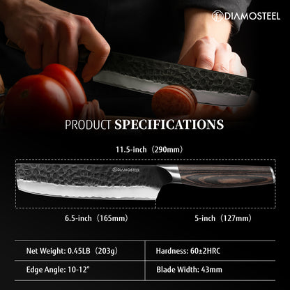 Nakiri Knife - 6.5-Inch Professional Chef's Knife - Hammered Black Oxide Blade 9CR18MOV High Carbon Stainless Steel Sharp Meat Cleaver Knife - Ergonomic Pakkawood Handle with Present Box