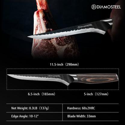 6.5-Inch Boning Knife - Sharp Fillet Knife Hammered Black Oxide Blade Japanese 9CR18MOV High Carbon Stainless Steel - Ergonomic Pakkawood Handle with Present Box
