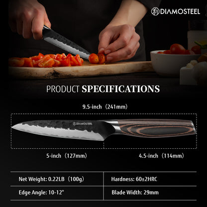 Utility Knife - 5-Inch Professional Kitchen Utility Knife - Hammered Black Oxide Blade Japanese 9CR18MOV High Carbon Stainless Steel - Ergonomic Pakkawood Handle with Present Box