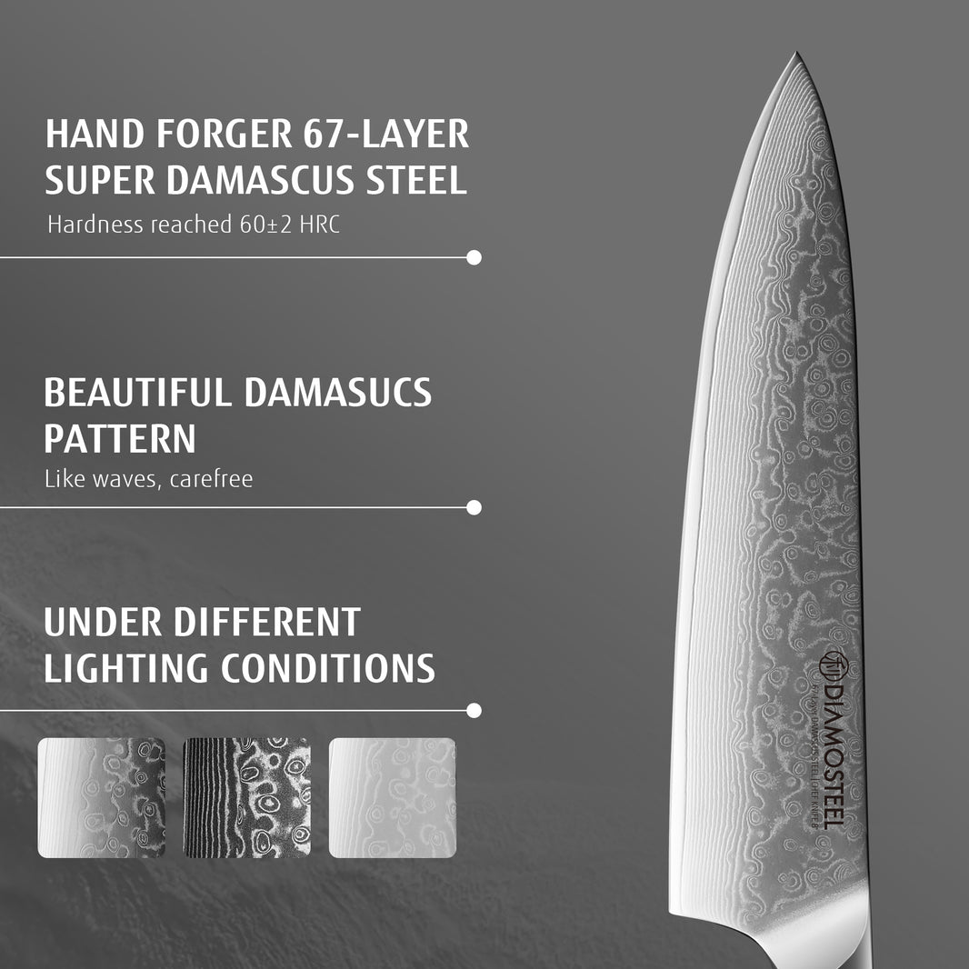Diamosteel Damascus Chef Knife 8 inch, High Carbon Stainless Steel Ultra Sharp Janpanese Kitchen Knife with G10 Handle for Meat & Vegetable Cutting