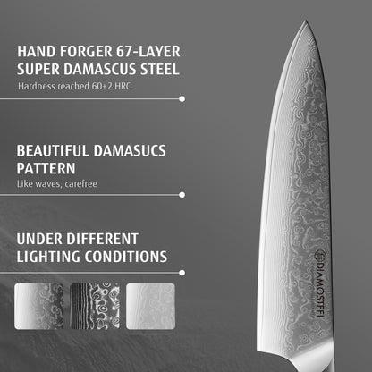 Diamosteel Damascus Chef Knife 8 inch, High Carbon Stainless Steel Ultra Sharp Janpanese Kitchen Knife with G10 Handle for Meat & Vegetable Cutting