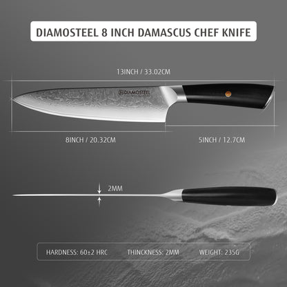 Diamosteel Damascus Chef Knife 8 inch, High Carbon Stainless Steel Ultra Sharp Janpanese Kitchen Knife with G10 Handle for Meat & Vegetable Cutting
