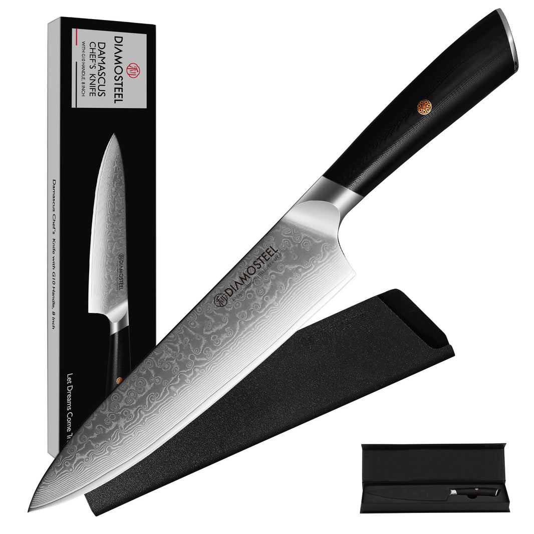 Diamosteel Damascus Chef Knife 8 inch, High Carbon Stainless Steel Ultra Sharp Janpanese Kitchen Knife with G10 Handle for Meat & Vegetable Cutting