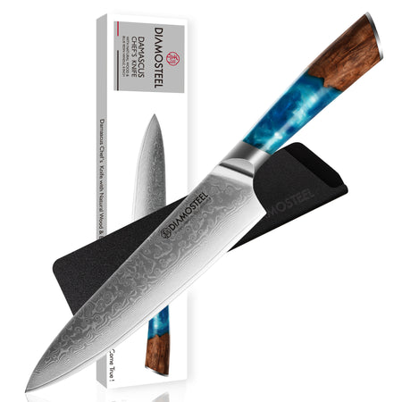 Diamosteel Professional Japanese Chef Knife 8", Ultra Sharp Damascus Steel Knife with Blue Resin Handle, Gyuto Chef Knife for Meat & Vegetable Cutting