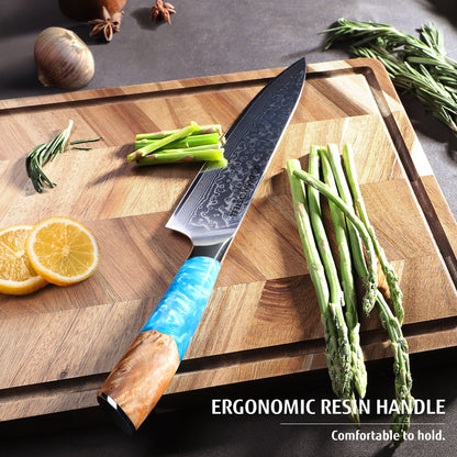 Diamosteel Professional Japanese Chef Knife 8", Ultra Sharp Damascus Steel Knife with Blue Resin Handle, Gyuto Chef Knife for Meat & Vegetable Cutting