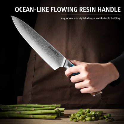 Diamosteel Professional Japanese Chef Knife 8", Ultra Sharp Damascus Steel Knife with Blue Resin Handle, Gyuto Chef Knife for Meat & Vegetable Cutting
