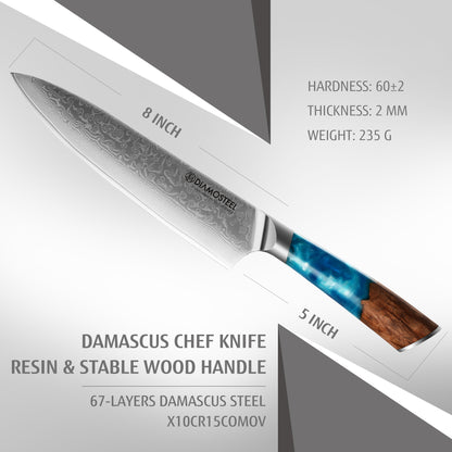 Diamosteel Professional Japanese Chef Knife 8", Ultra Sharp Damascus Steel Knife with Blue Resin Handle, Gyuto Chef Knife for Meat & Vegetable Cutting
