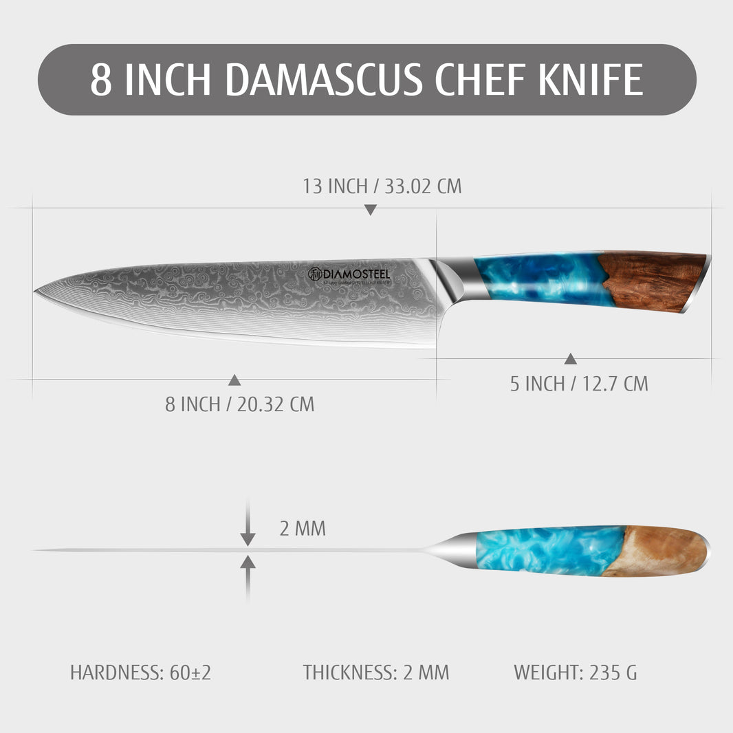 Diamosteel Professional Japanese Chef Knife 8", Ultra Sharp Damascus Steel Knife with Blue Resin Handle, Gyuto Chef Knife for Meat & Vegetable Cutting