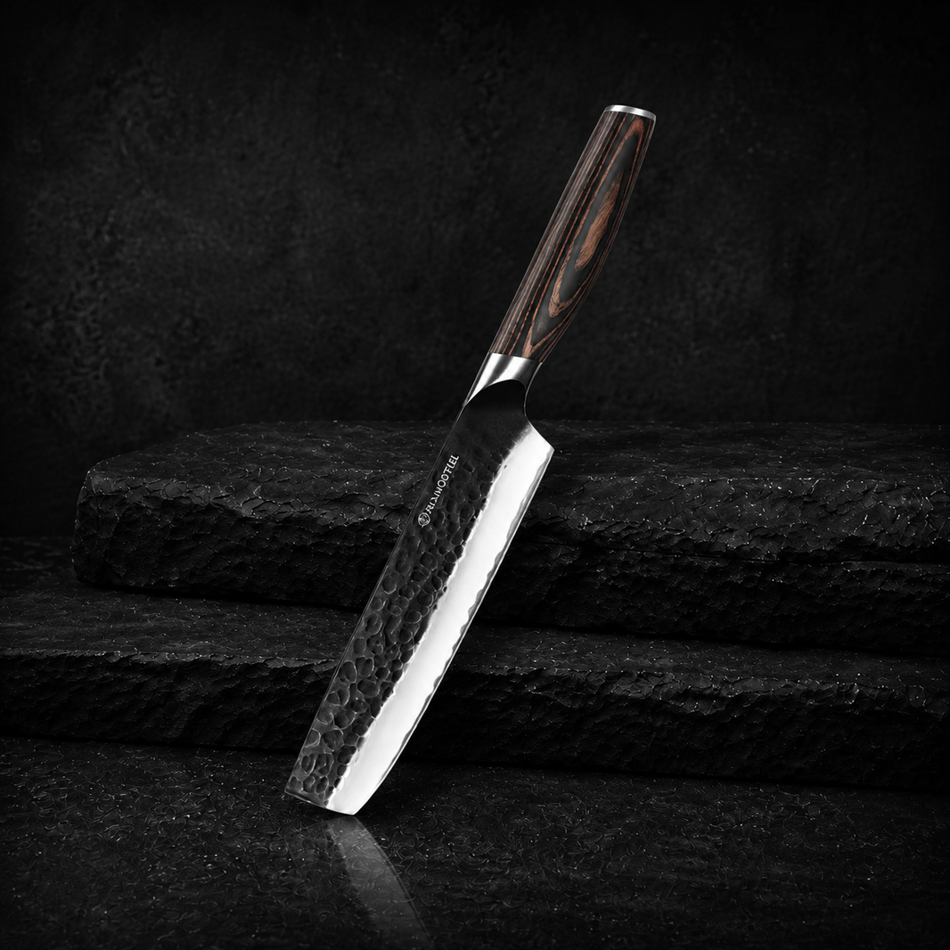 Nakiri Knife - 6.5-Inch Professional Chef's Knife - Hammered Black Oxide Blade 9CR18MOV High Carbon Stainless Steel Sharp Meat Cleaver Knife - Ergonomic Pakkawood Handle with Present Box