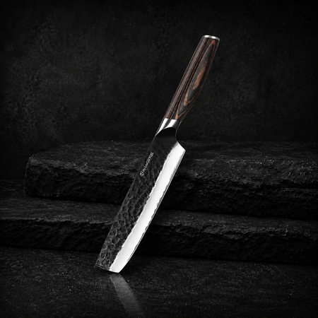 Nakiri Knife - 6.5-Inch Professional Chef's Knife - Hammered Black Oxide Blade 9CR18MOV High Carbon Stainless Steel Sharp Meat Cleaver Knife - Ergonomic Pakkawood Handle with Present Box