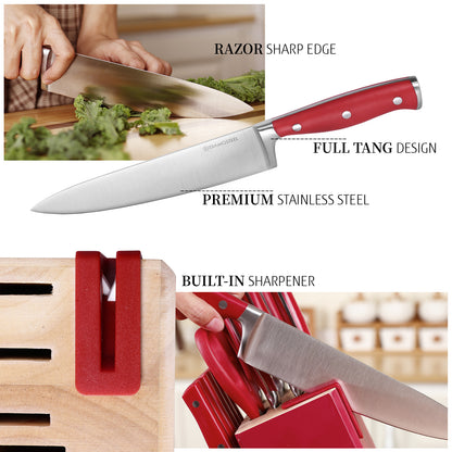Diamosteel 15 Pcs Kitchen Knife Set with Block Wooden, Knives Set for Kitchen with Block Built in Sharpener Scissors, Chef Knife Set Gift for Mom Dad (Red)