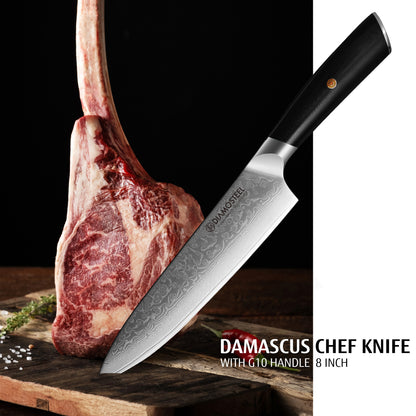 Diamosteel Damascus Chef Knife 8 inch, High Carbon Stainless Steel Ultra Sharp Janpanese Kitchen Knife with G10 Handle for Meat & Vegetable Cutting