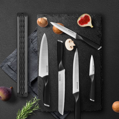 Diamosteel Kitchen Knife Set, 6PCS Knives Set for Kitchen with Knife Magnetic Strip, High Carbon Stainless Steel Chef Knife Set with Magnetic Knife Holder for Wall - Black