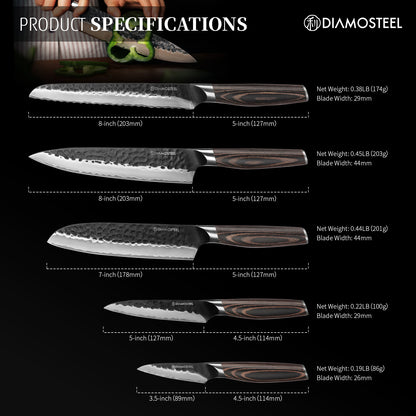 Japanese Knife Set - 5 Pieces Knives Set for Kitchen High Carbon 9CR18MOV Steel, Hammered Black Oxide Blade & Pakkawood Handle - Profession Chef Knife Set Elegant Holiday Gift for Chefs