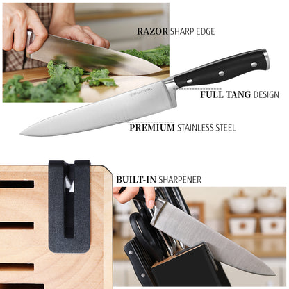 Diamosteel 15 Pcs Kitchen Knife Set with Block Wooden, Knives Set for Kitchen with Block Built in Sharpener Scissors, Chef Knife Set Gift for Mom Dad (Black)