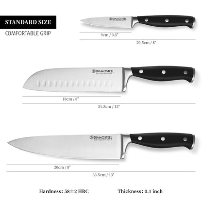Diamosteel Knife Set 3-Piece, Include Chef & Santoku & Paring Knife, Professional High Carbon Stainless Steel Knives Set for Kitchen with Ergonomic ABS Handle Elegant Box