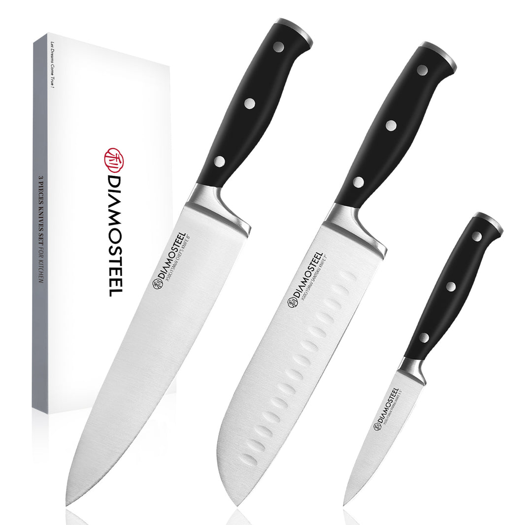 Diamosteel Knife Set 3-Piece, Include Chef & Santoku & Paring Knife, Professional High Carbon Stainless Steel Knives Set for Kitchen with Ergonomic ABS Handle Elegant Box