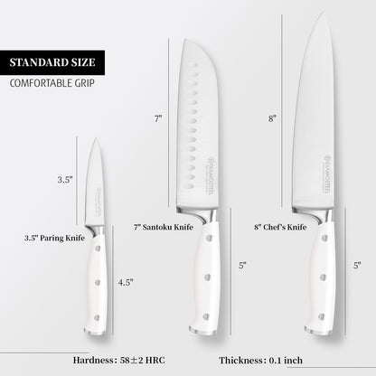 Diamosteel White Knife Set, 3-Piece Kitchen Knife Set with Chef & Santoku & Paring Knife , High Carbon Stainless Steel Knives Set for Kitchen with Ergonomic ABS Handles for Home Cooking Elegant Box