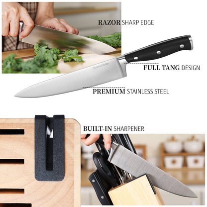 Diamosteel 15 Pcs Kitchen Knife Set with Block Wooden, Knives Set for Kitchen with Block Built in Sharpener Scissors, Chef Knife Set Gift for Mom Dad (Natural)