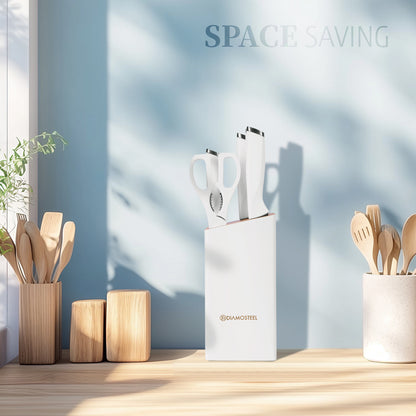 White Knife Set with Block, 7 Pieces Sharp Knife Block Set with Stainless Steel Blade and Ergonomic Handle, Chef, Slicing, Bread, Utility, Paring Knife, Kitchen Scissors and Wooden Block