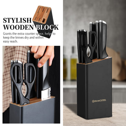 Black Knife Set with Block, 7 Pieces Sharp Knife Block Set with Stainless Steel Blade and Ergonomic Handle, Chef, Slicing, Bread, Utility, Paring Knife, Kitchen Scissors and Wooden Block