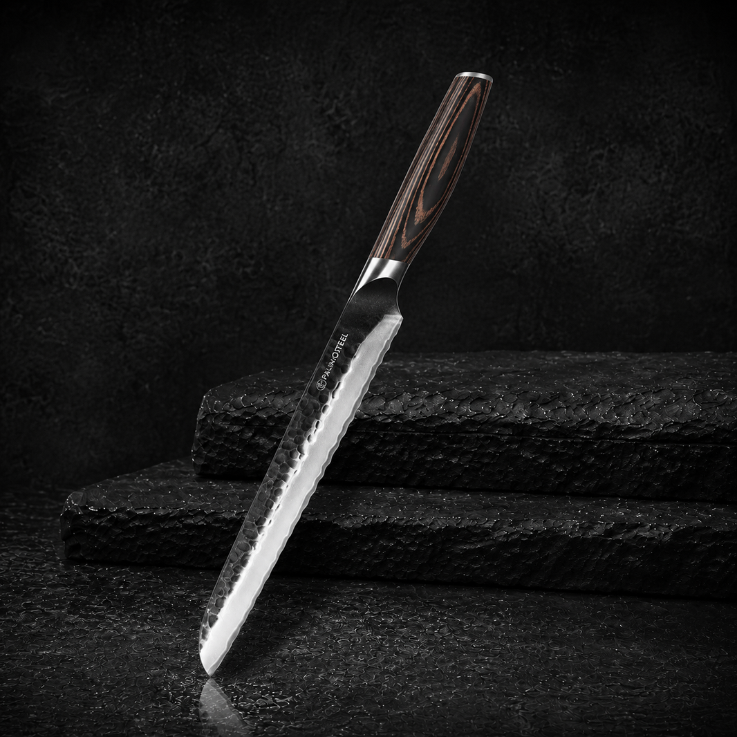 Bread Knife - 8-Inch Serrated Bread Knife - Hammered Black Oxide Blade Japanese 9CR18MOV High Carbon Stainless Steel Sharp Bread Knife - Ergonomic Pakkawood Handle with Present Box