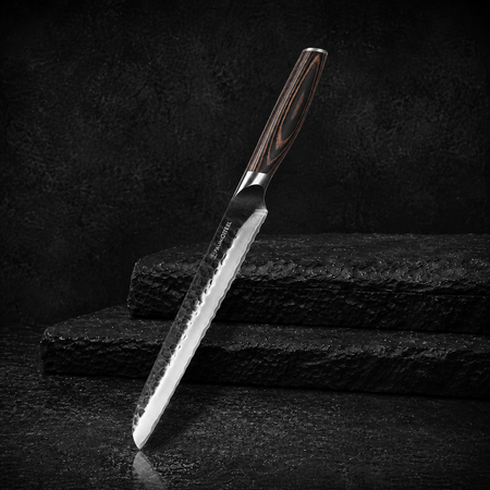 Bread Knife - 8-Inch Serrated Bread Knife - Hammered Black Oxide Blade Japanese 9CR18MOV High Carbon Stainless Steel Sharp Bread Knife - Ergonomic Pakkawood Handle with Present Box