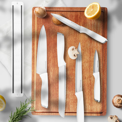 Diamosteel Kitchen Knife Set, 6PCS Knives Set for Kitchen with Knife Magnetic Strip, High Carbon Stainless Steel Chef Knife Set with Magnetic Knife Holder for Wall - White