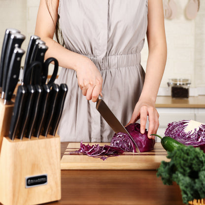 Diamosteel 15 Pcs Kitchen Knife Set with Block Wooden, Knives Set for Kitchen with Block Built in Sharpener Scissors, Chef Knife Set Gift for Mom Dad (Natural)